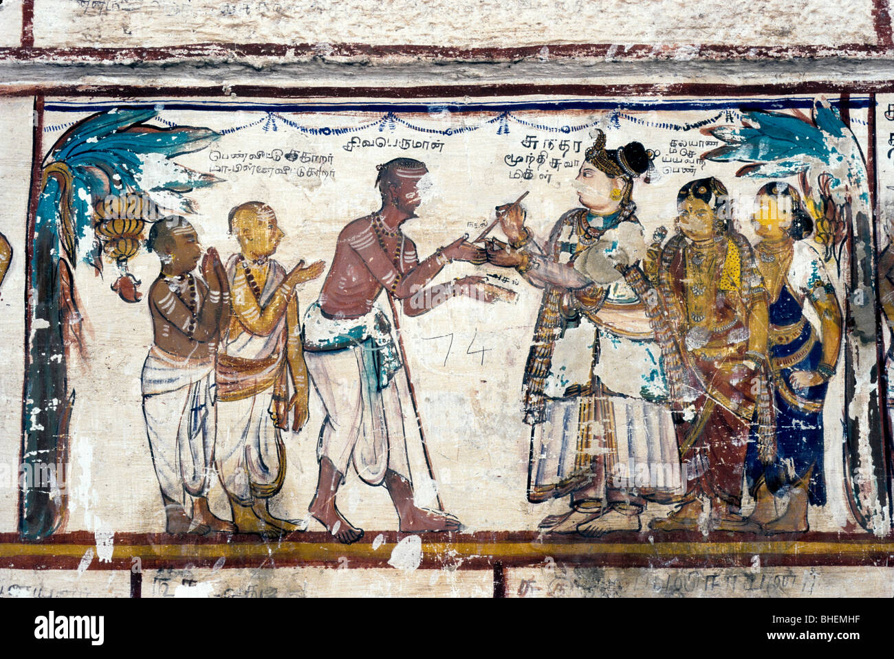 Sixttenth century murals on the walls in Vedaranyam Siva temple near