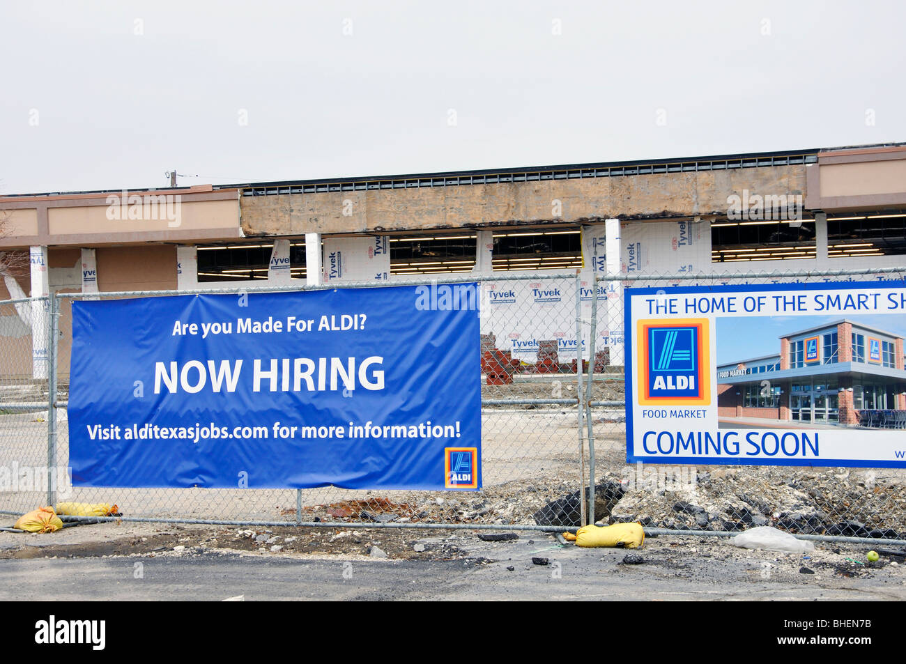 "Now Hiring" sign at ALDI store that is being built, Plano, Texas, USA