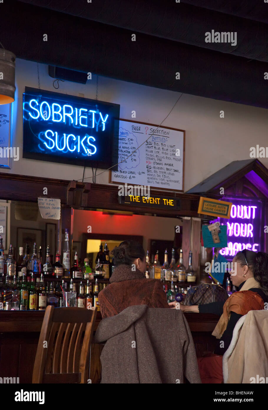 Detroit, Michigan - A sign reads 'Sobriety Sucks' at Honest ? John's Bar and No Grill. Stock Photo