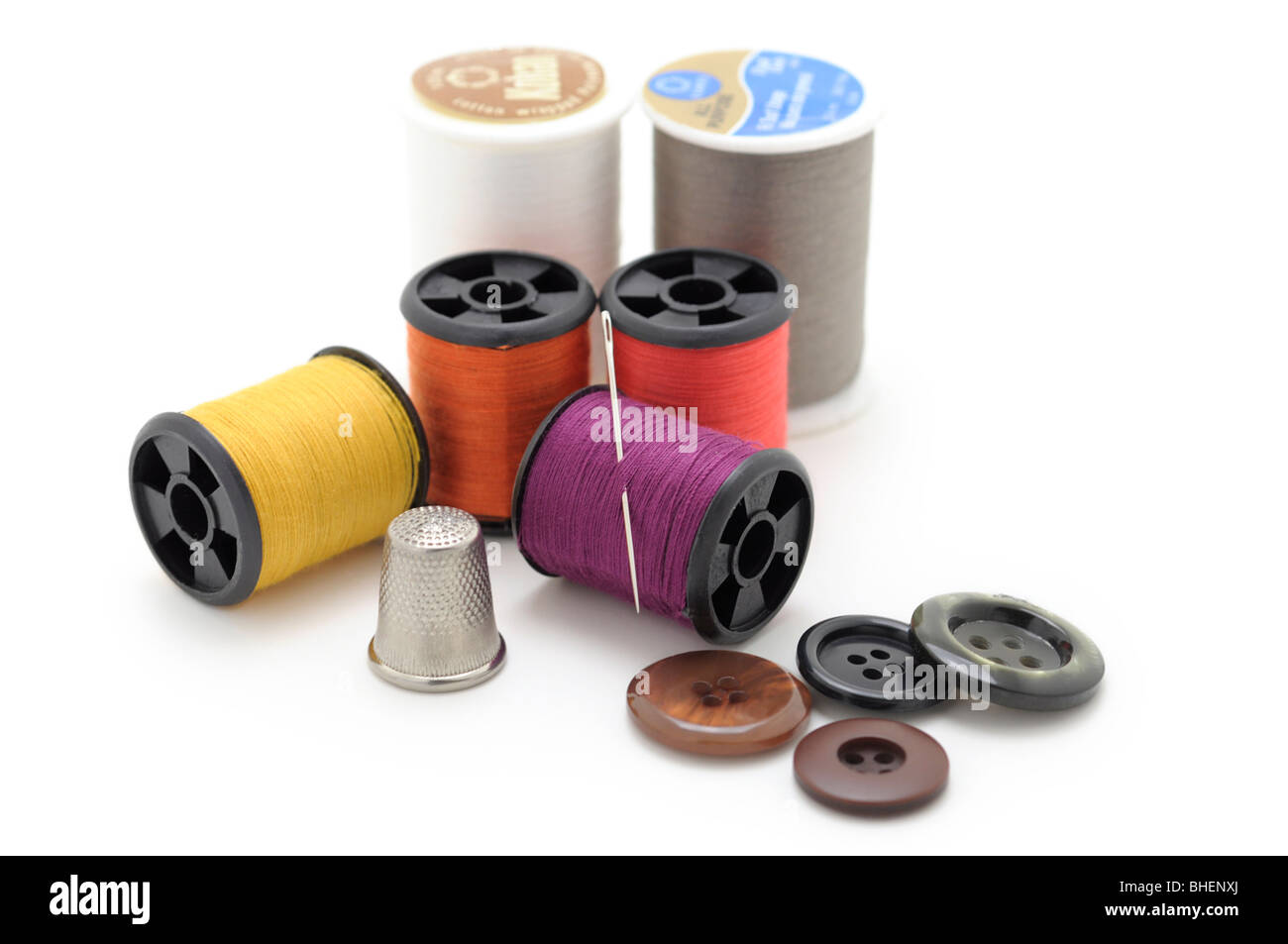 Spools of Thread and Needle, Thimble Stock Photo