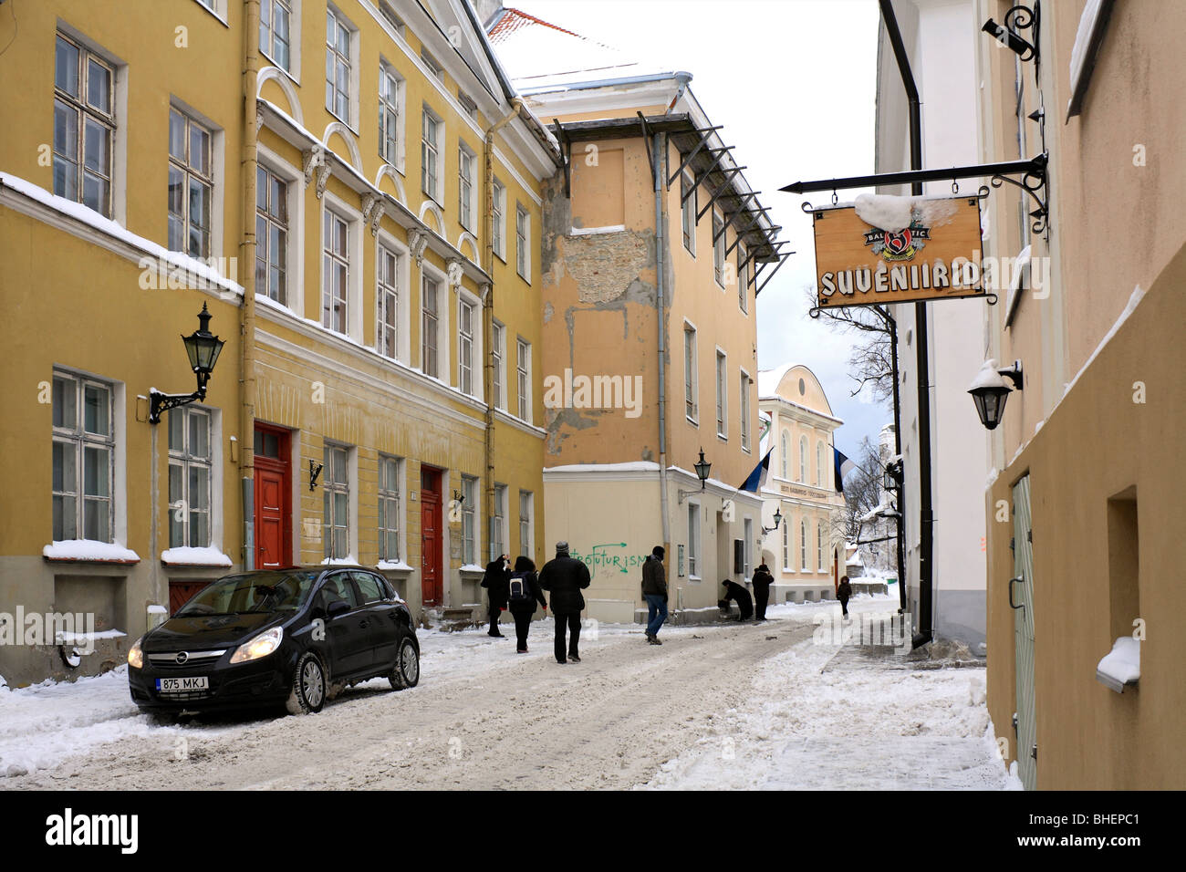 Snow covered Toom-Kooli street in the Old Town, Tallinn, Estonia. Stock Photo