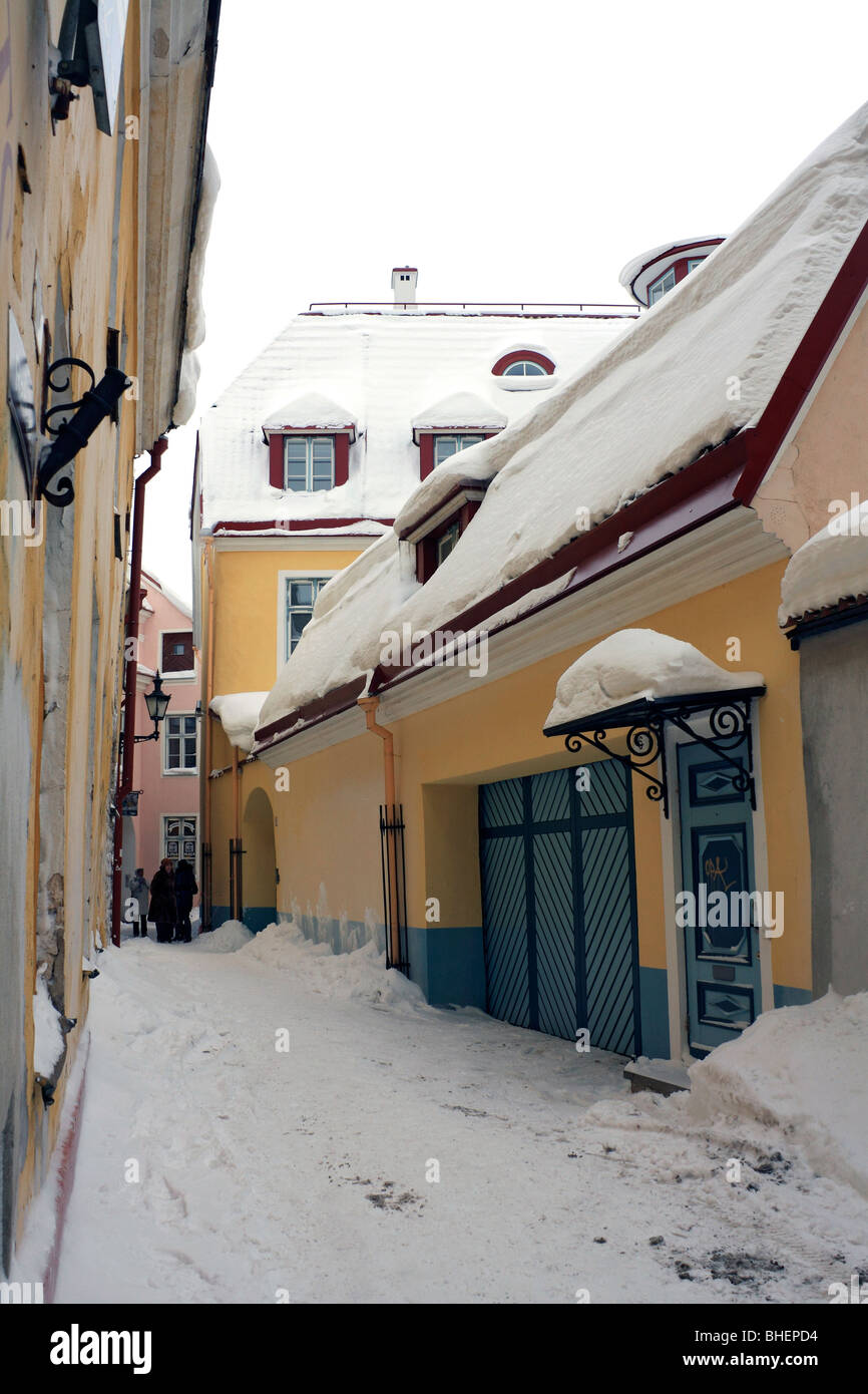 Snow covered street in the Old Town, Tallinn, Estonia. Stock Photo