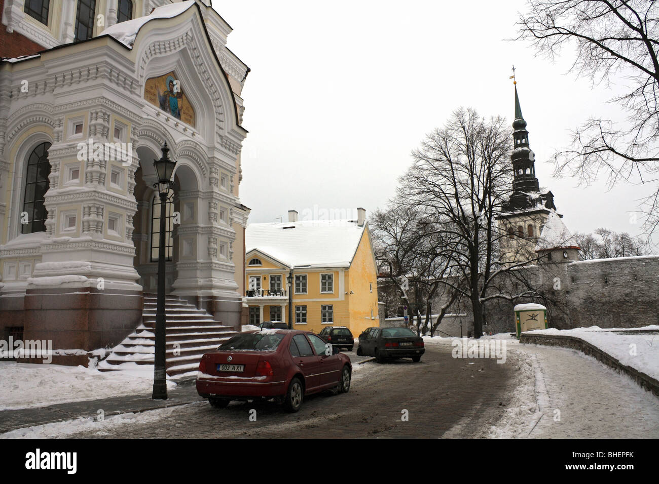 Snow covered street in front of Alexander Nevsky Cathedral in the Old Town, Tallinn, Estonia. Stock Photo