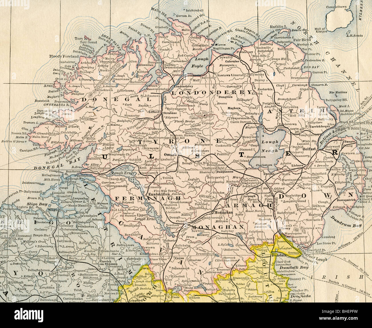 Old map of Ulster County from original geography textbook, 1884 Stock