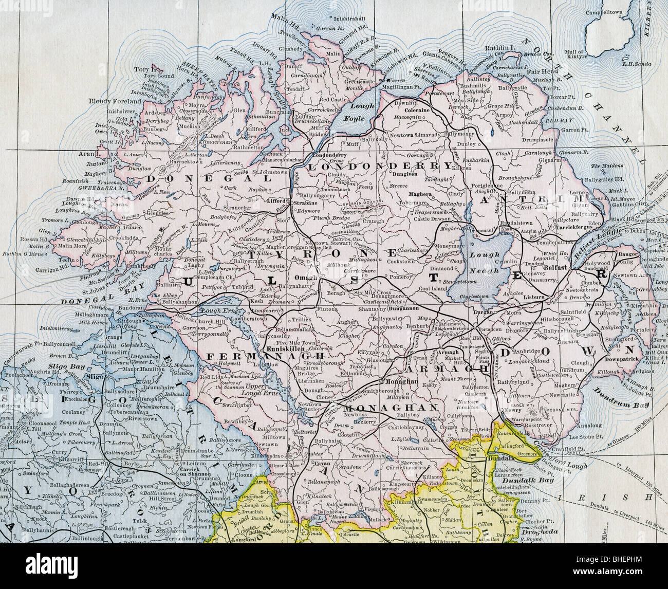 Old map of Ulster County from original geography textbook, 1884 Stock