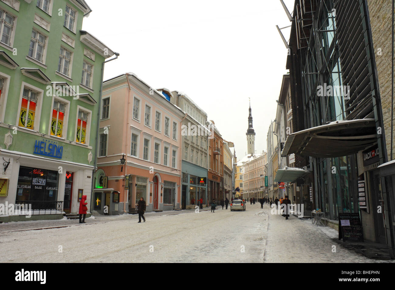 Snow covered Viru street in the Old Town, Tallinn, Estonia. Stock Photo