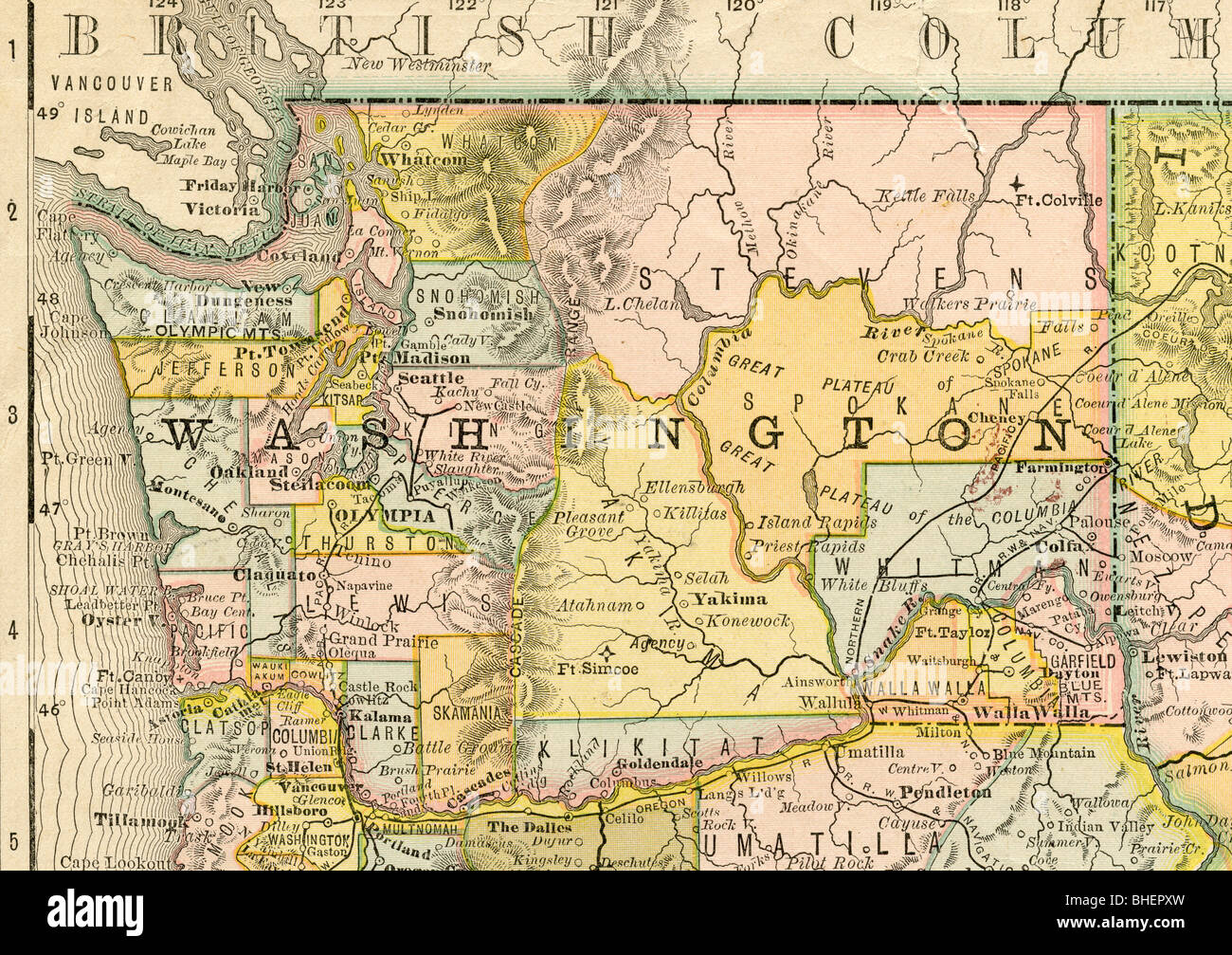 Old map of Washington state from original geography textbook, 1884 Stock Photo - Alamy