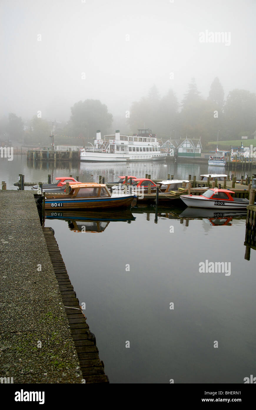 BownessonWindermere Cumbria UK Lake Boats Fog Marina Boat Yard Ferry