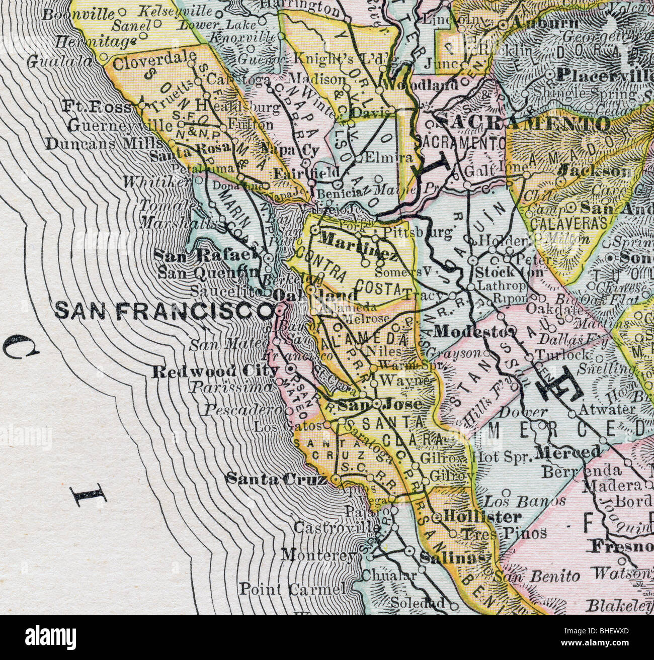 Old map of San Francisco Bay Area from original geography textbook, 1884 Stock Photo