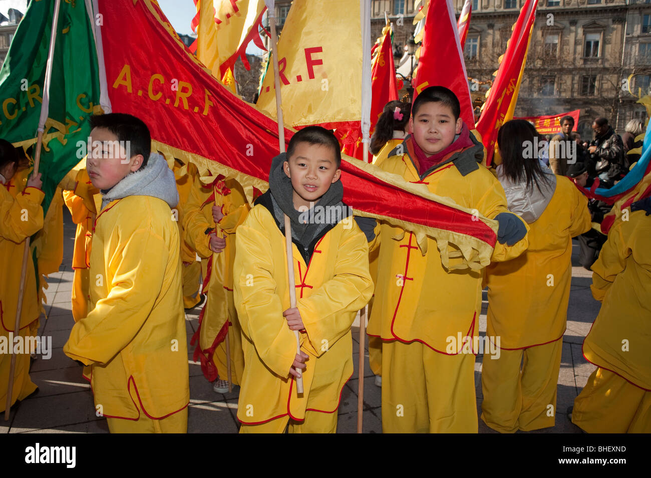 Paris, France, Asians Celebrating 'Chinese New year' Annual Street Carnival Parade, group children outside in Traditional Costumes, different cultures Stock Photo
