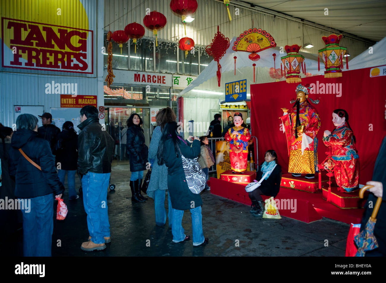 Paris, France, Large Crowd People, Outside Chinese Food Store, Women Shopping, Supermarket in Chinatown, 'Tang Freres' with Decoration for  'Chinese New Year' Stock Photo