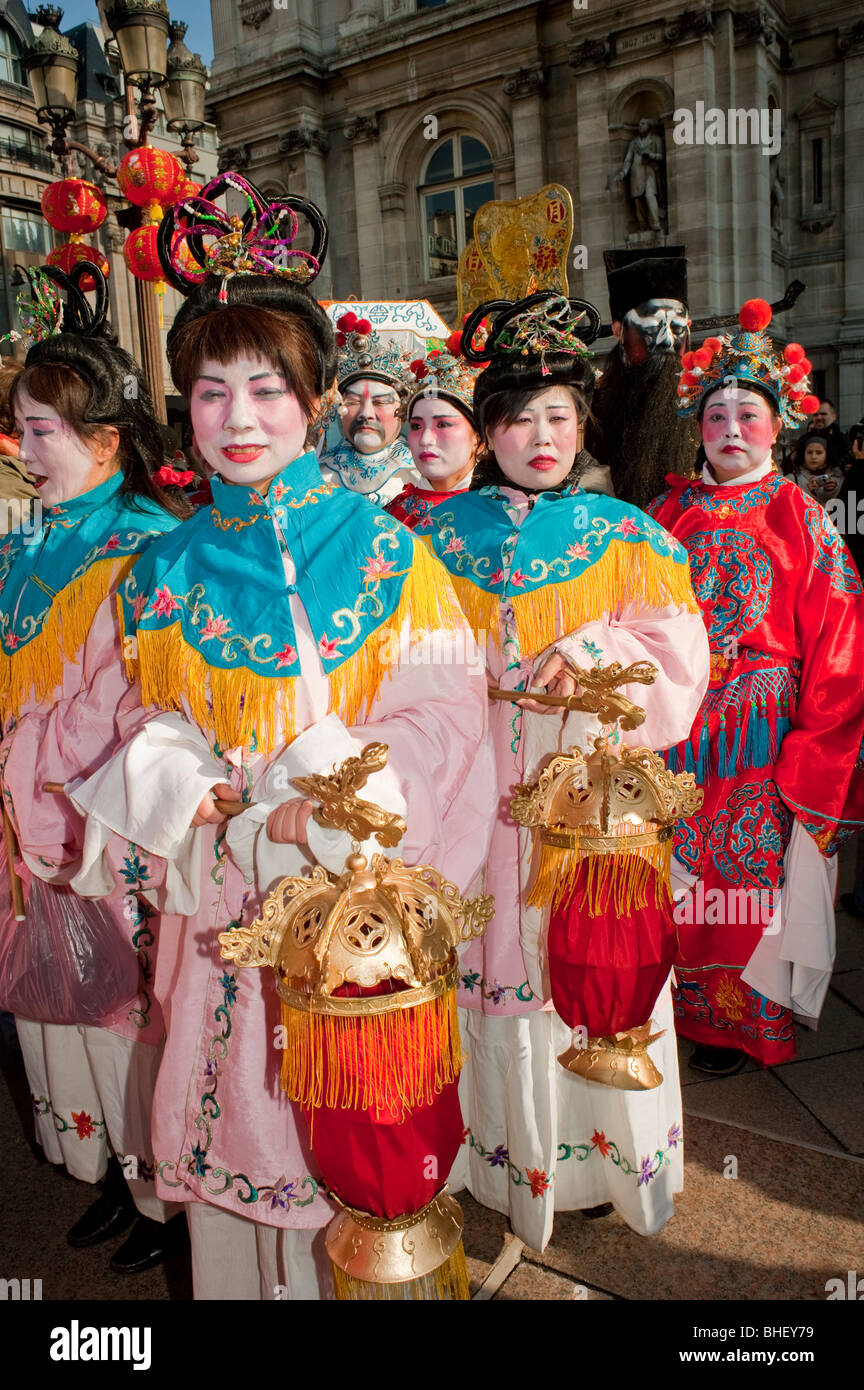 Paris, France, Asians Celebrating Chinese New year Annual Street Carnival Parade, 'Chinese Dress' Women Stock Photo
