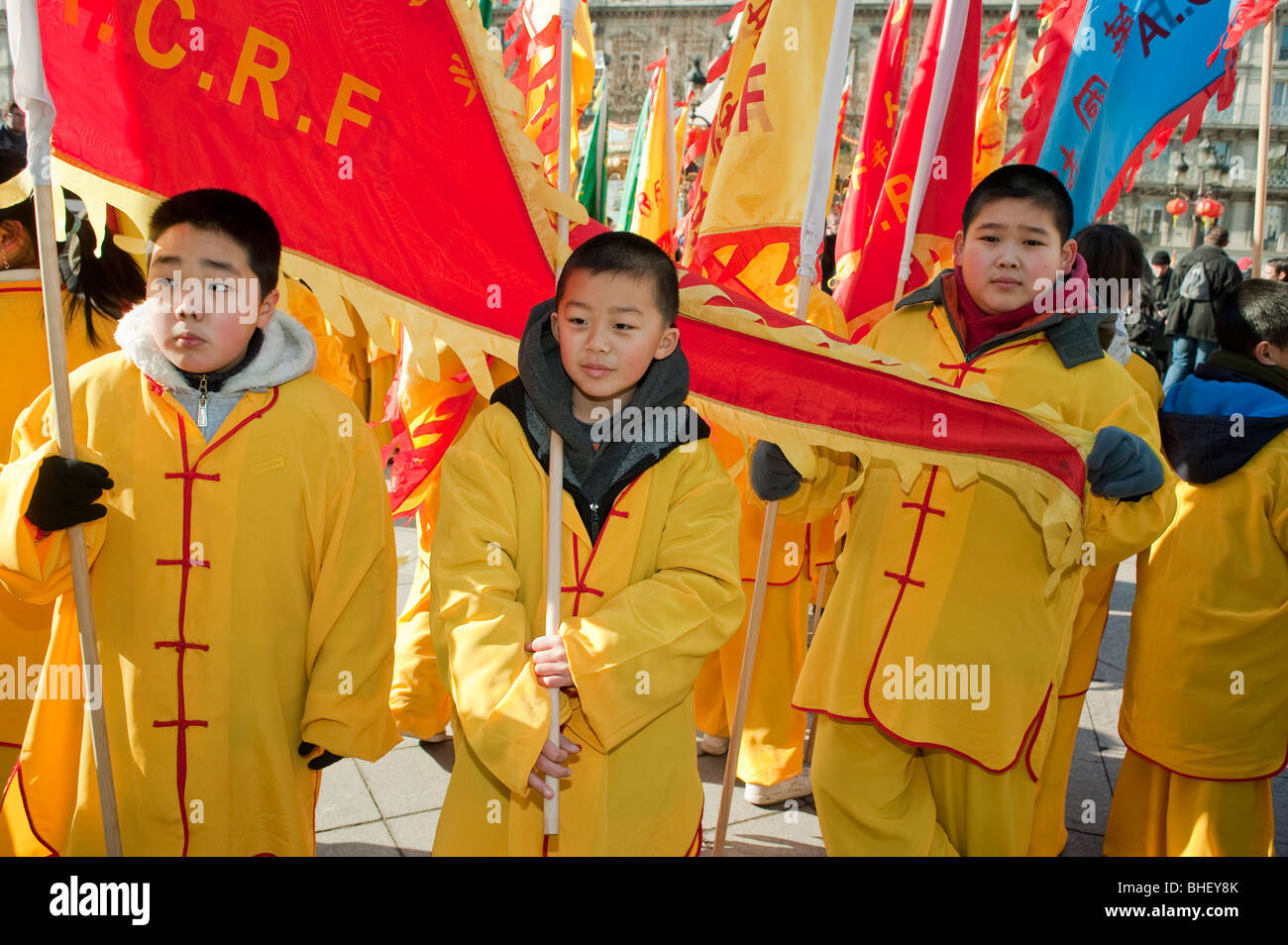 Paris, France, Group People, Asians Celebrating 'Chinese New year' Annual Street Carnival Parade, Chinese Children in Traditional costumes Stock Photo