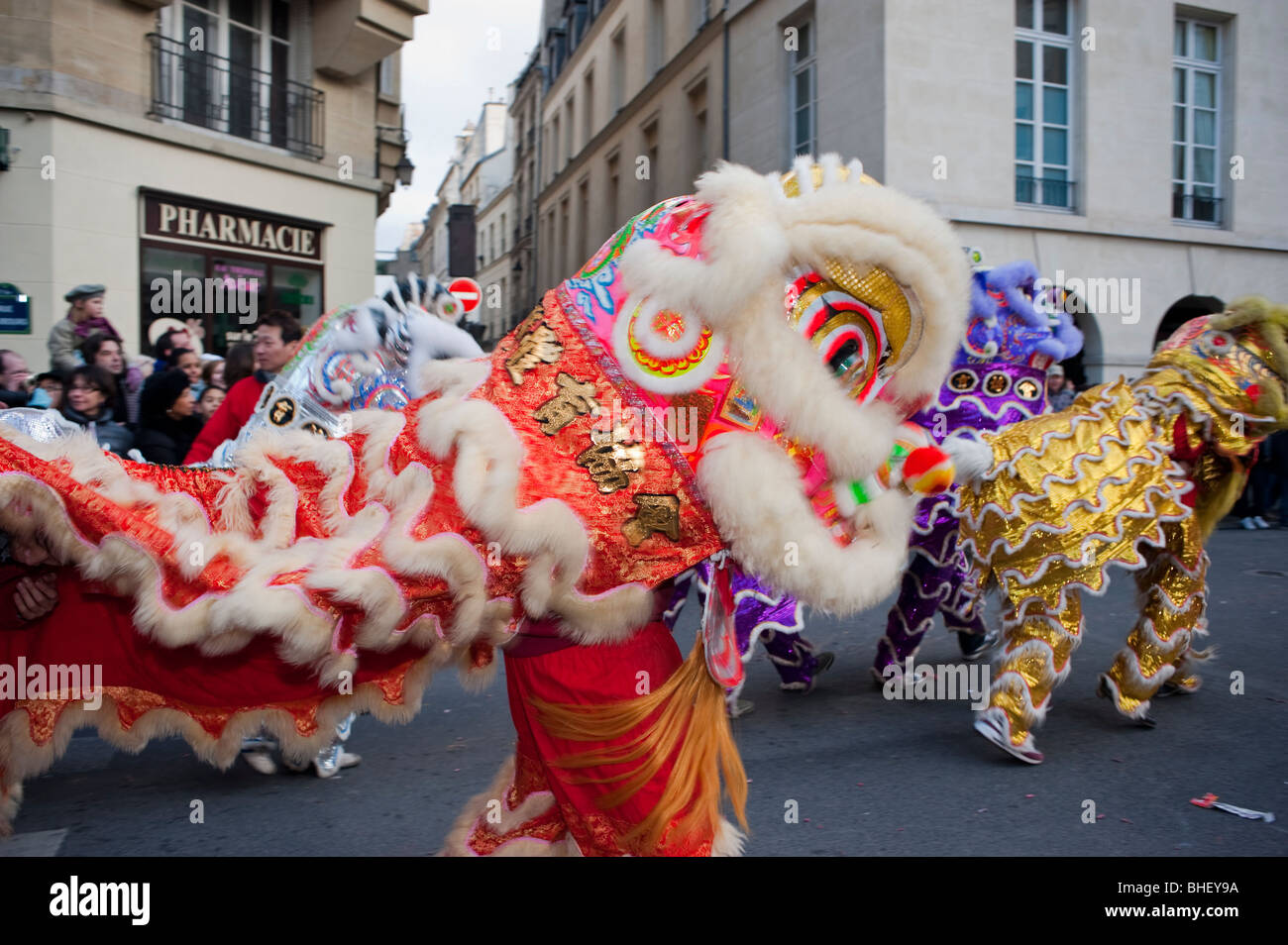 Paris, France, Asians Celebrating Chinese New year Annual Street Carnival Parade, 'Chinese Dragons' Dancing, Chinatown, Chinese Dragon Dance, Stock Photo