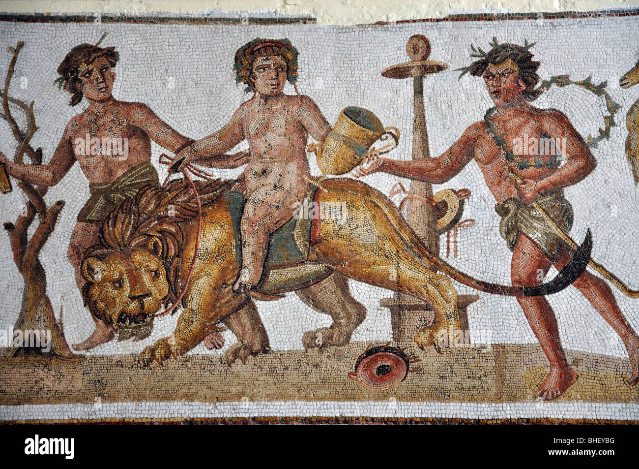 'Dionysus riding a lion' mosaic, El Djem Archeological Museum, El Djem, Mahdia Governorate, Tunisia Stock Photo