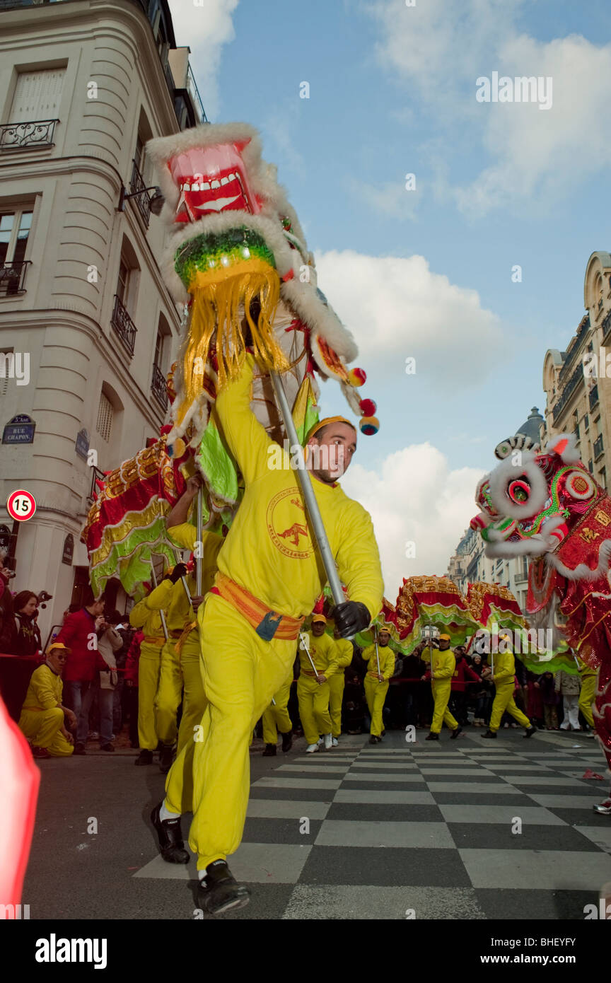Paris, France, Large Crowd People, Chinese New Year, Street Carnival, Parade, Traditional Chinese Dragon Dance in the Marais Stock Photo