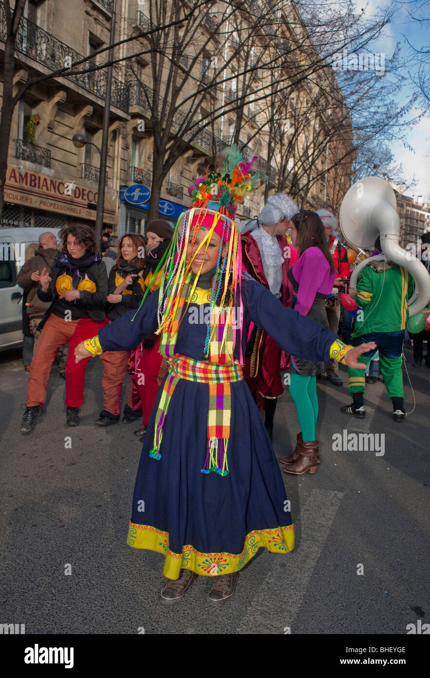 Paris, France, Women in Traditional Bolivian Dress Dancing in 'Carnaval de Paris' Paris Carnival, Customs and traditions France, spanish people in paris Stock Photo