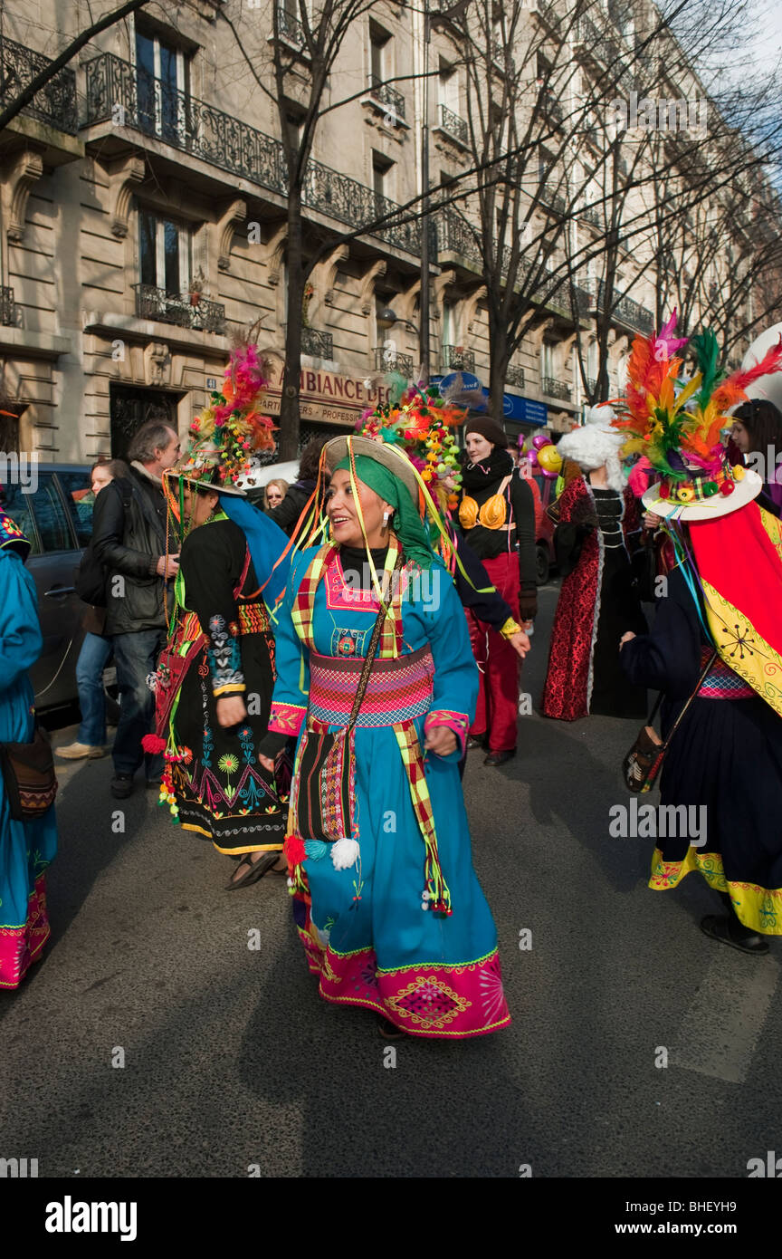 Paris, France, Women in Traditional Bolivian Dress Dancing in 'Carnival de Paris' Customs and traditions France Stock Photo
