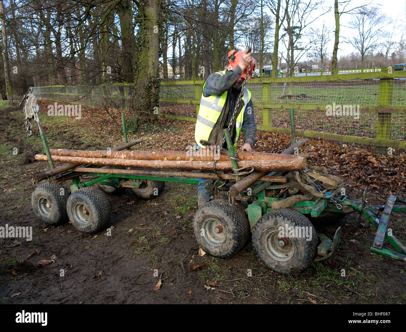 Chris Wadsworth a forest conservation contractor with a Swedish trailer for haulage by a working horse Stock Photo