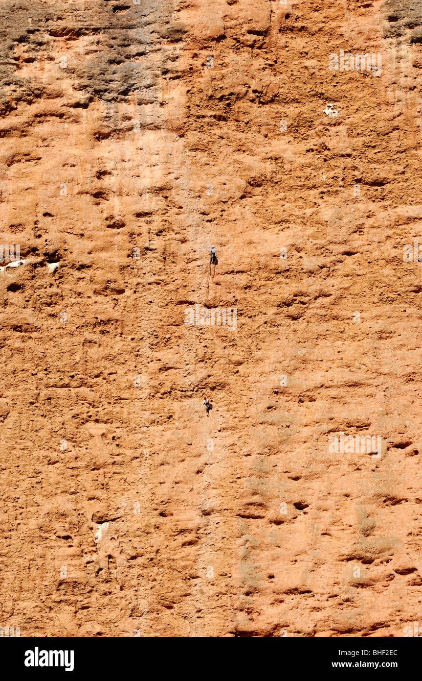 Rock formation called Los Mallos de Riglos (Spain) : Climbing Stock Photo