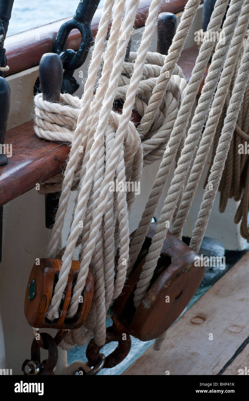 Ship's rigging on the sailing tall ship, Solway Lass Stock Photo