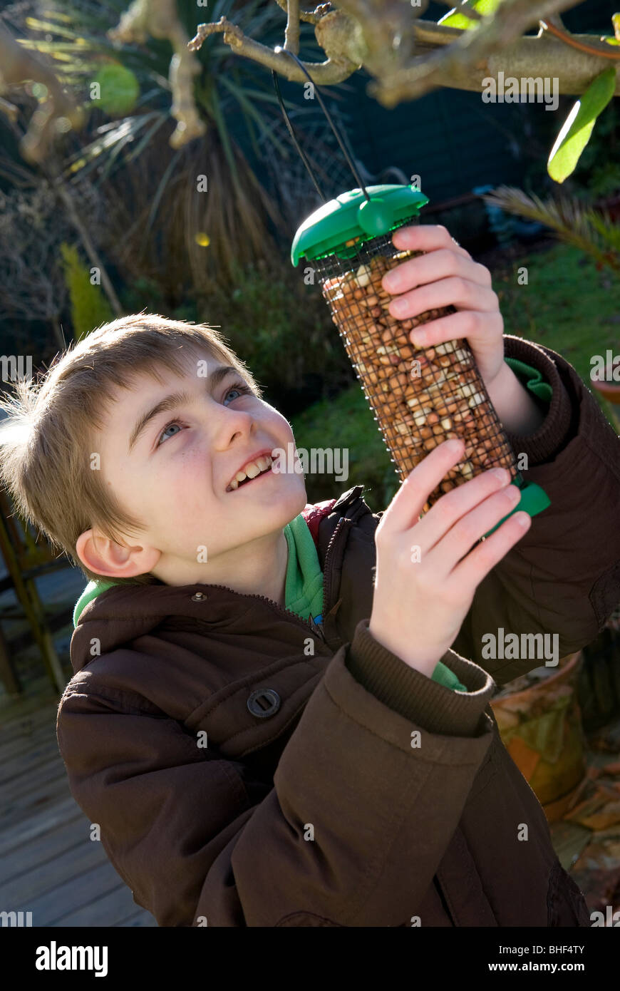 Young Male Boy Hanging Bird Feeder On Garden Tree Stock Photo