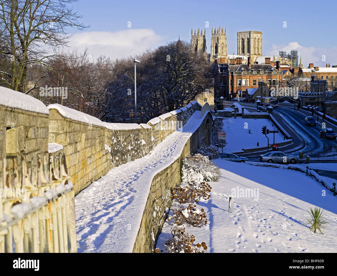 City walls covered in snow and York Minster in winter time North