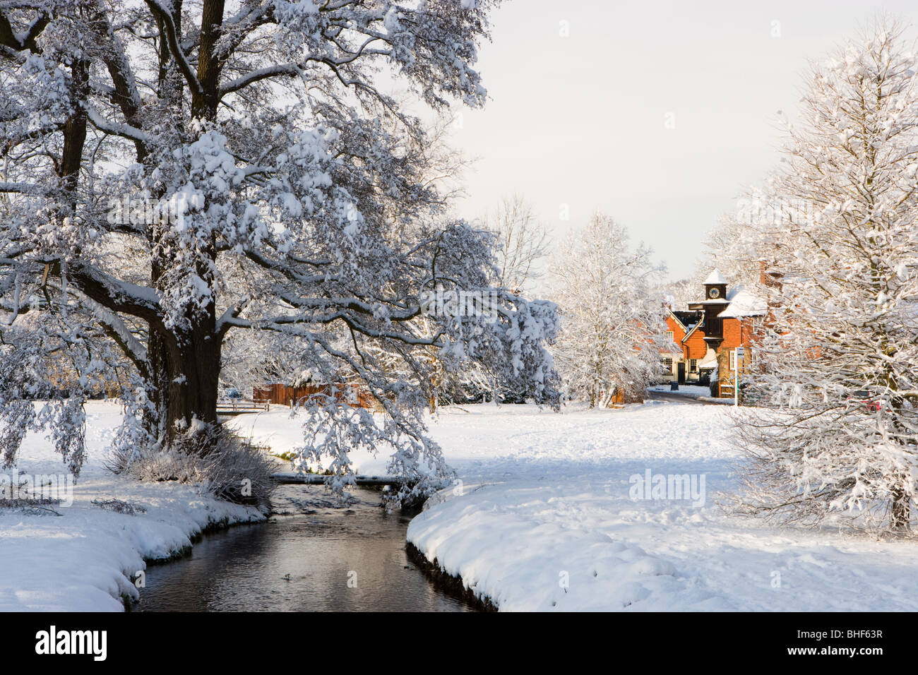 Winter at Abinger Hammer, Surrey, UK. Tilling Bourne. Stock Photo