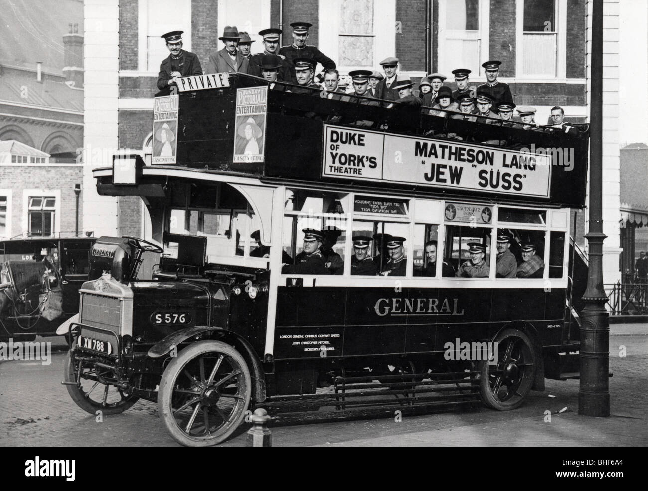 The Rowntree Brass Band on a motor bus in London, after 1904. Artist