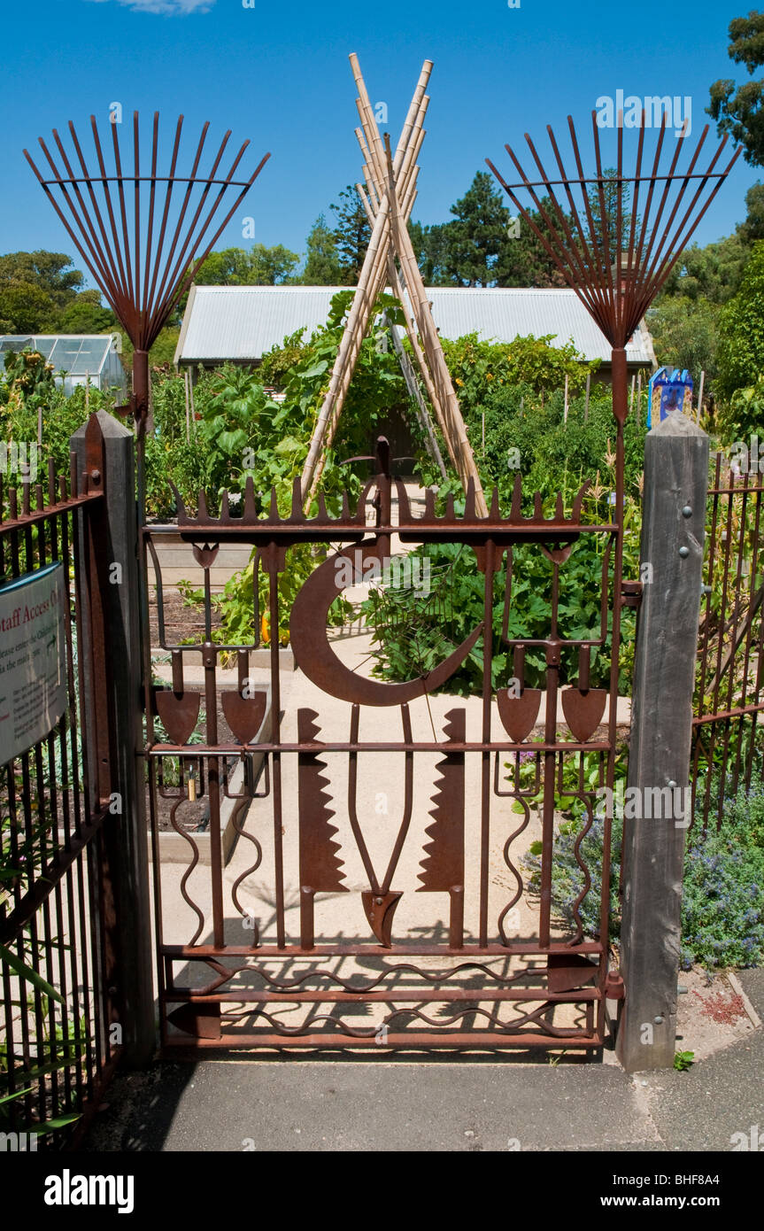 A whimsically creative garden gate on the Children's Garden in the ROyal Botanical Gardens in Melbourne Victoria Australia Stock Photo