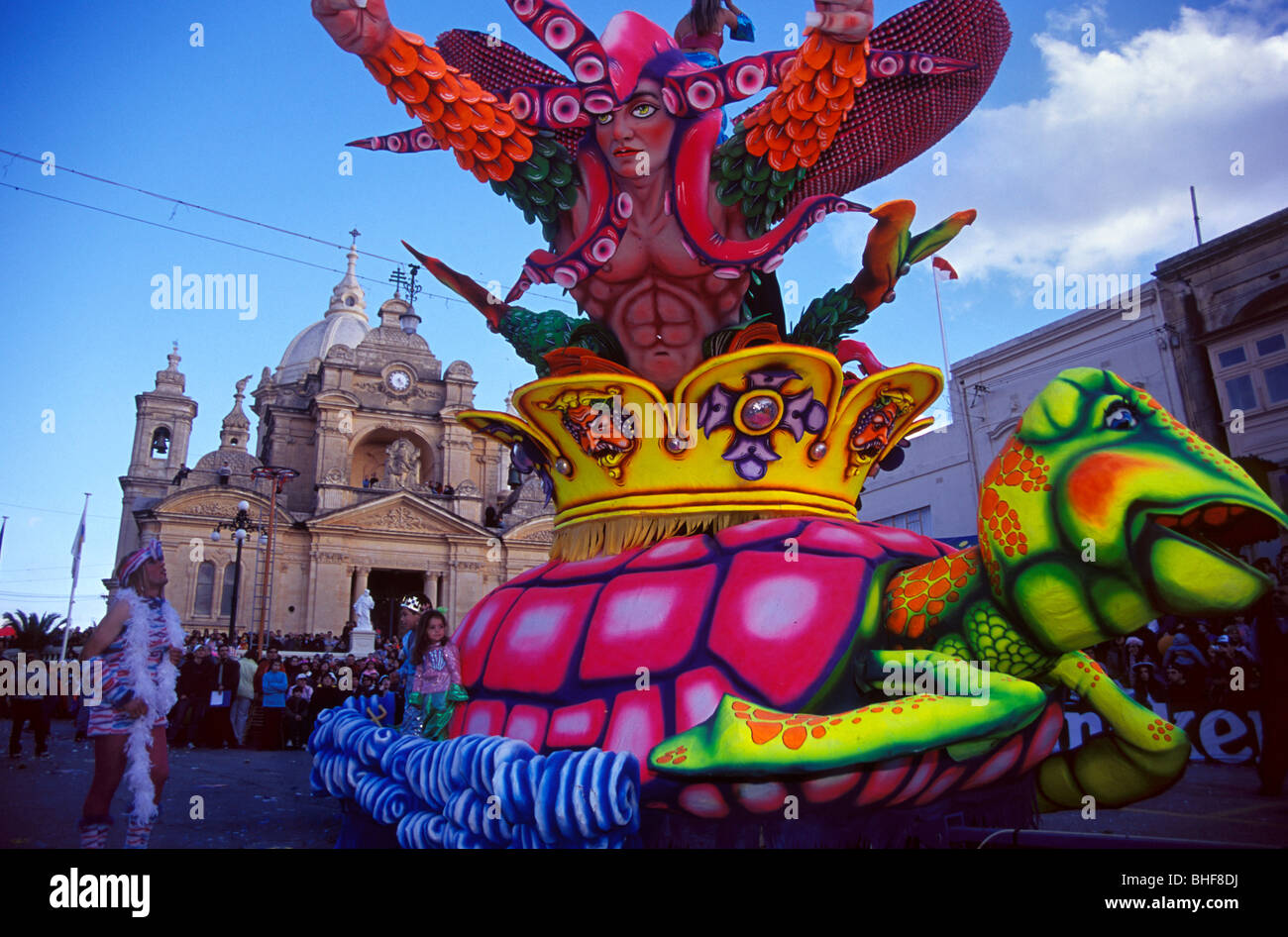 Malta, colour floats parade through the streets during carnival