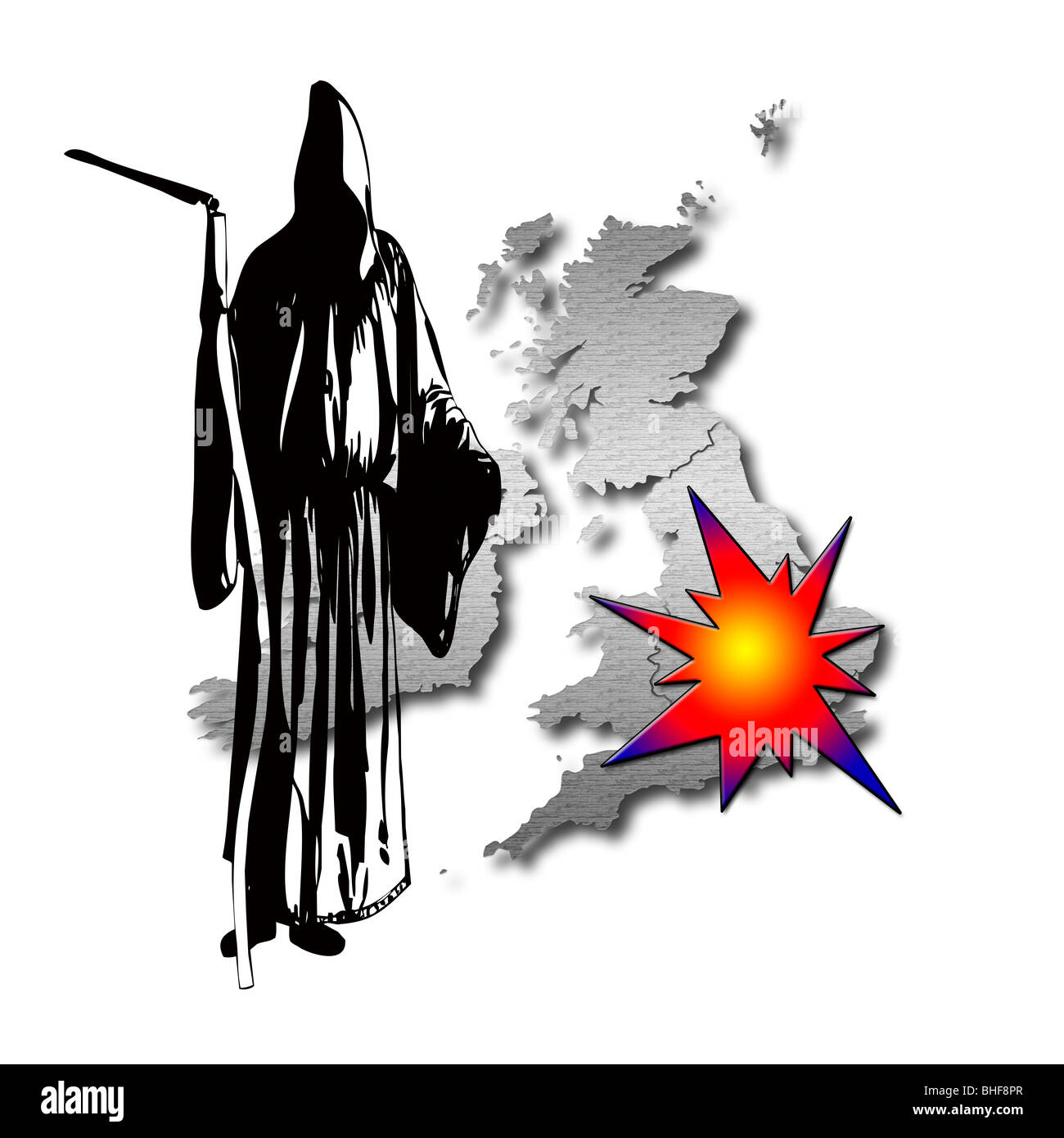 Grim Reaper! Graphical representation of a Black Silhouette of the Grim Reaper standing over an exploding United Kingdom Stock Photo