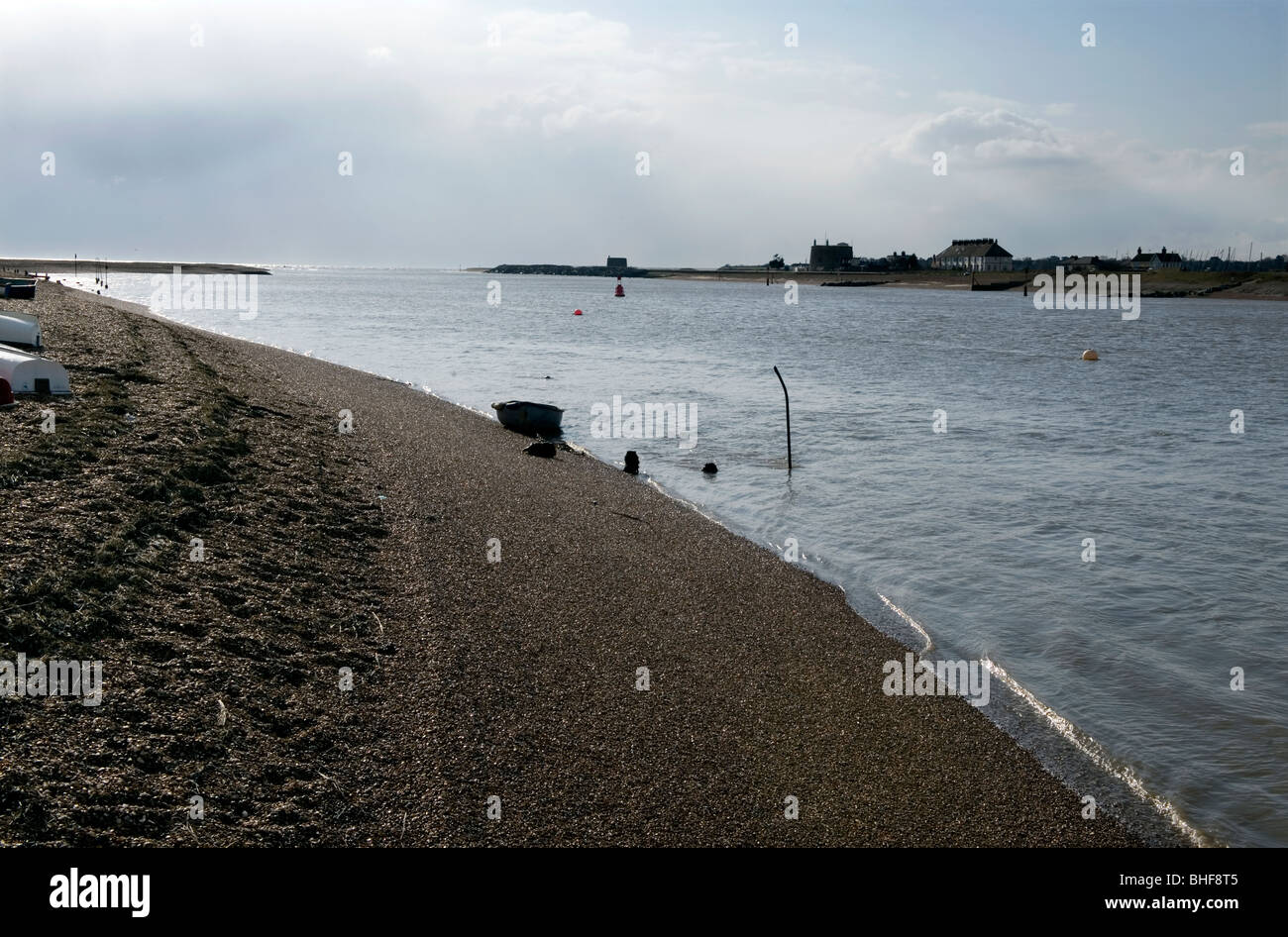 Bawdsey Quay on the River Deben looking across to Old Felixstowe, Suffolk, Britain, UK. Stock Photo