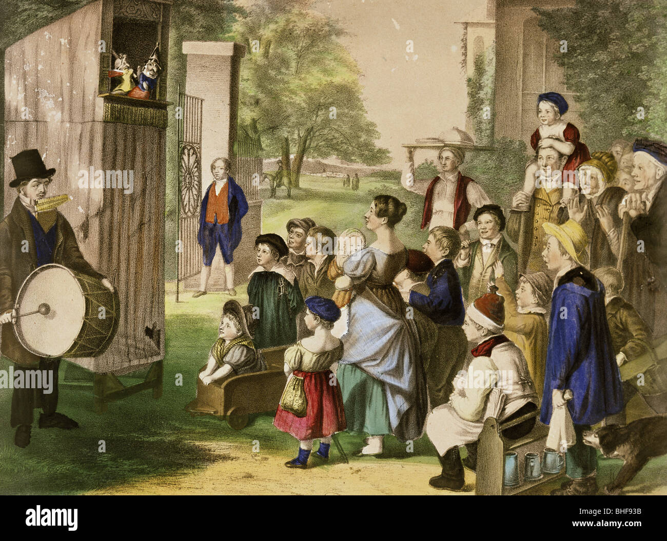 theatre, puppet theatre, performance, 'Punch and Judy', travelling theatre at an estate, colour lithograph, England, circa 1840, Munich Stadtmuseum, , Stock Photo