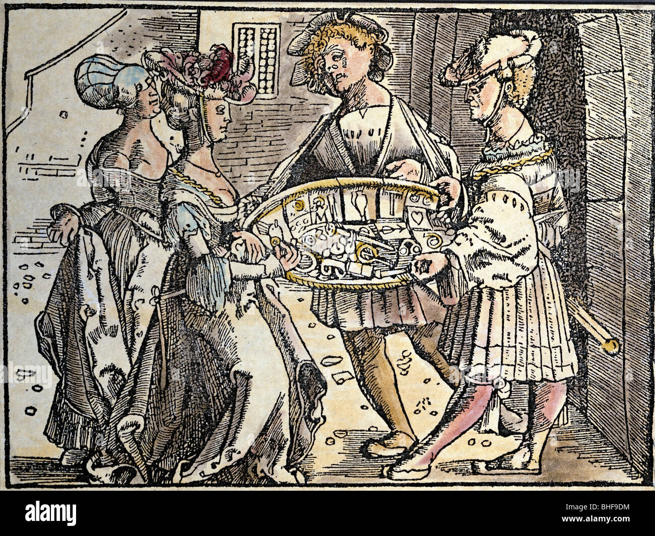 trade, street hawker with tray, coloured woodcut by Hans Frank, Nuremberg, 1516, Stock Photo