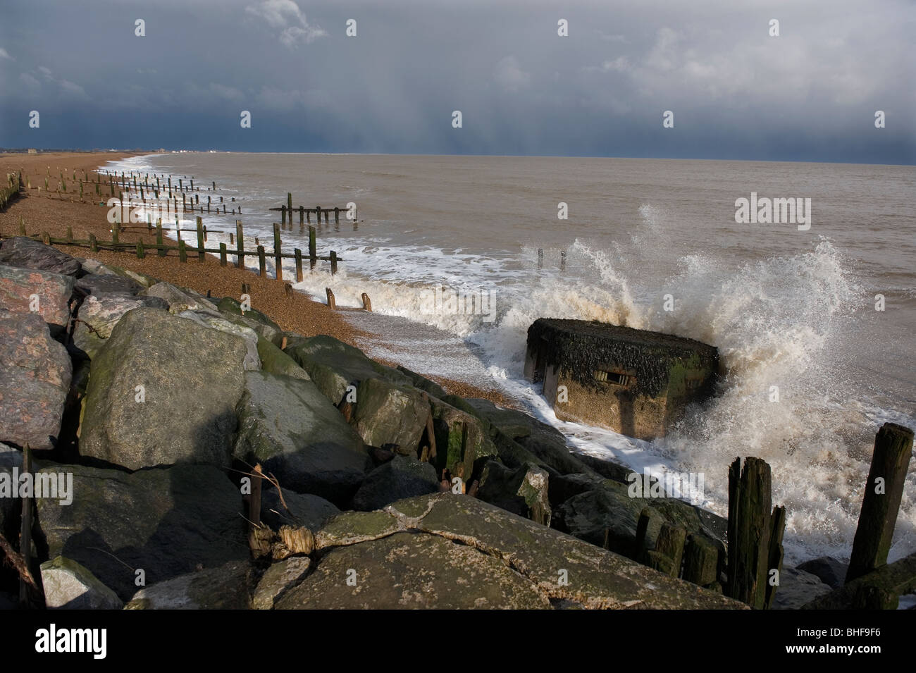 Coastal Erosion at East Lane Bawdsey on the Suffolk coast, Britain,UK. Stock Photo