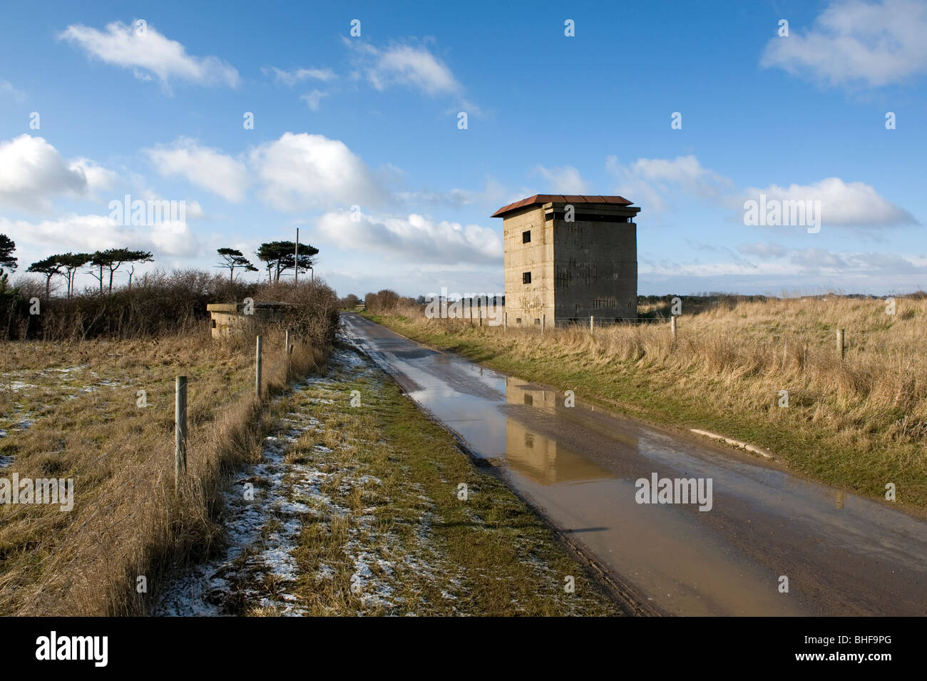 East Bawdsey on the Suffolk Coast, Britain. WW2 coastal watchtower and pill box. Stock Photo