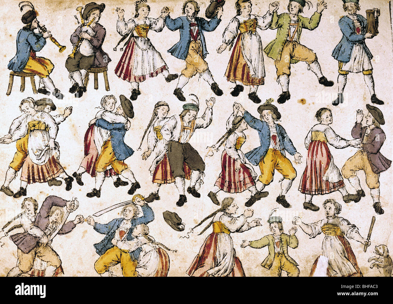 dance, dancers, dancing peasant couples, coloured woodcut, Augsburg