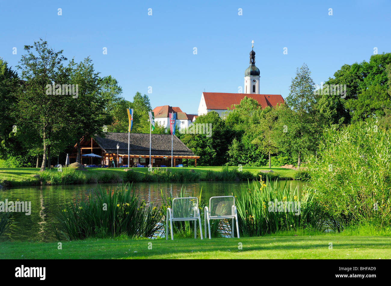 Pond in spa gardens, Bad Koetzting, Bavarian Forest, Upper Palatinate, Bavaria, Germany Stock Photo