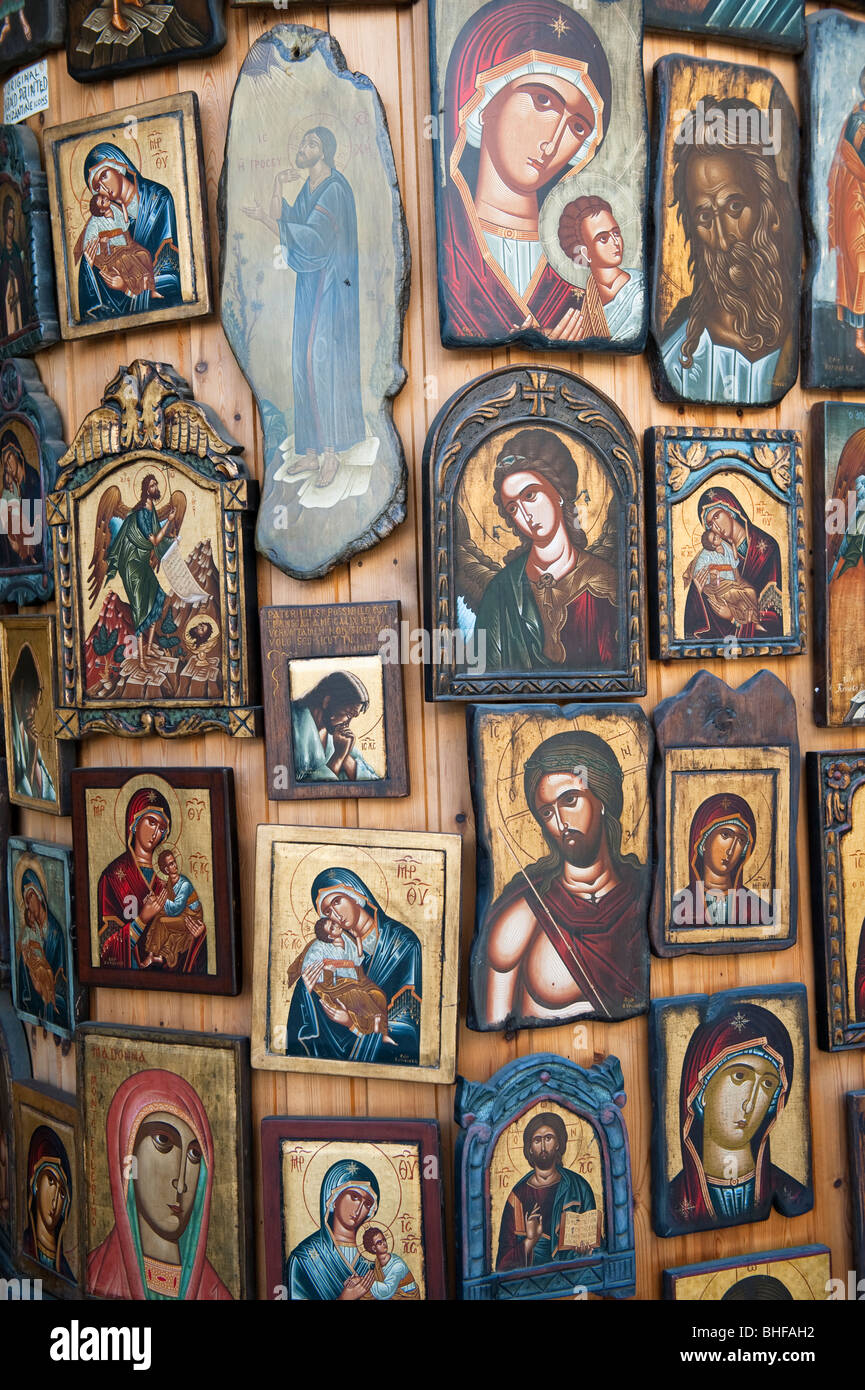 Greek Orthodox Icons for sale in a Souvenir Shop in Rhodes Old Town, Greece Stock Photo