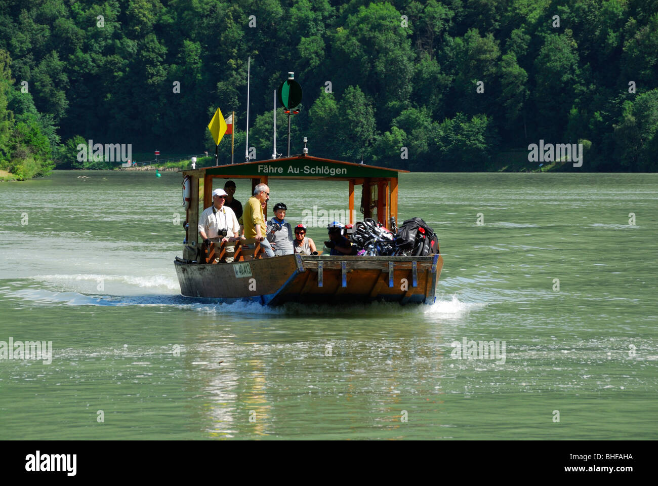 Bicycle ferry on Danube river, Schloegen, Haibach ob der Donau, Upper Austria, Austria Stock Photo