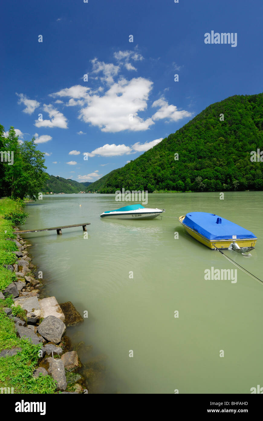 Boats on river Danube, Schloegen, Haibach ob der Donau, Upper Austria, Austria Stock Photo