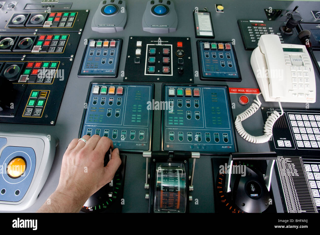 Instruments on the bridge of the cruise ship for the steering and engines,  bridge, Cruise ship Queen Mary 2 Stock Photo - Alamy