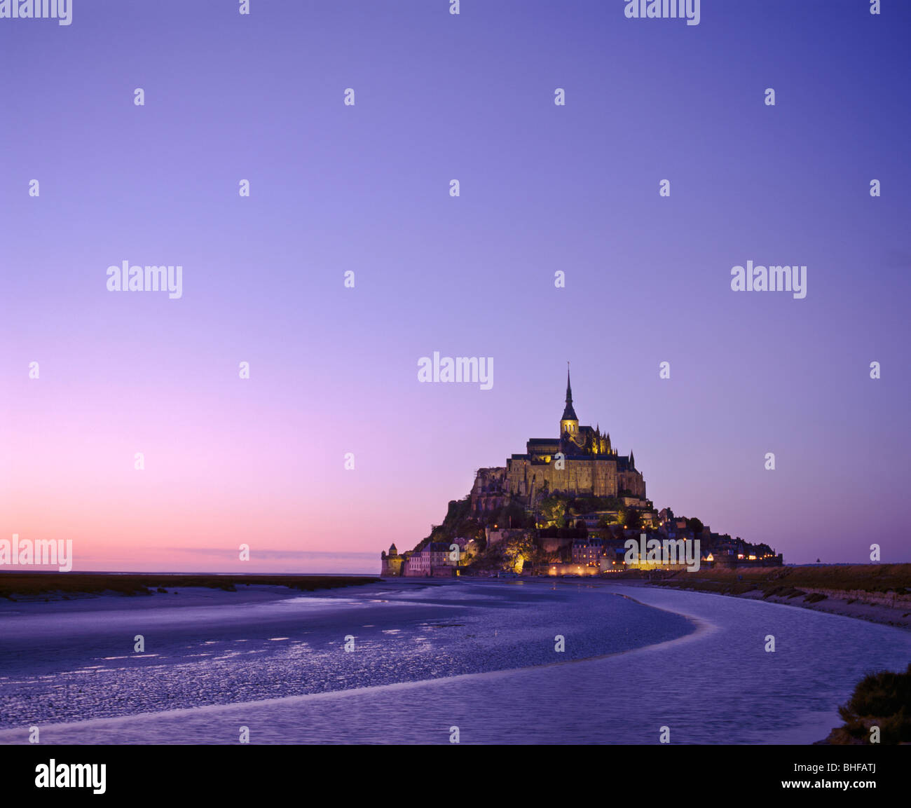 Le Mont St Michel at dusk, built on the island of Mont Tombe. Normandy, France Stock Photo