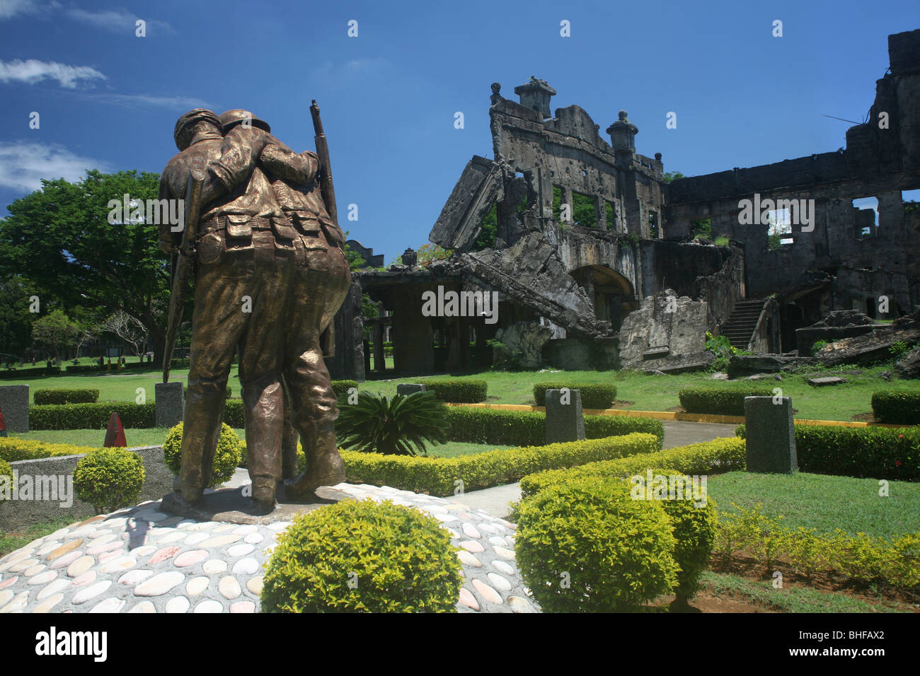 War memorial in front of the ruins of a theater, Corregidor Island, Manila Bay, Philippines, Asia Stock Photo