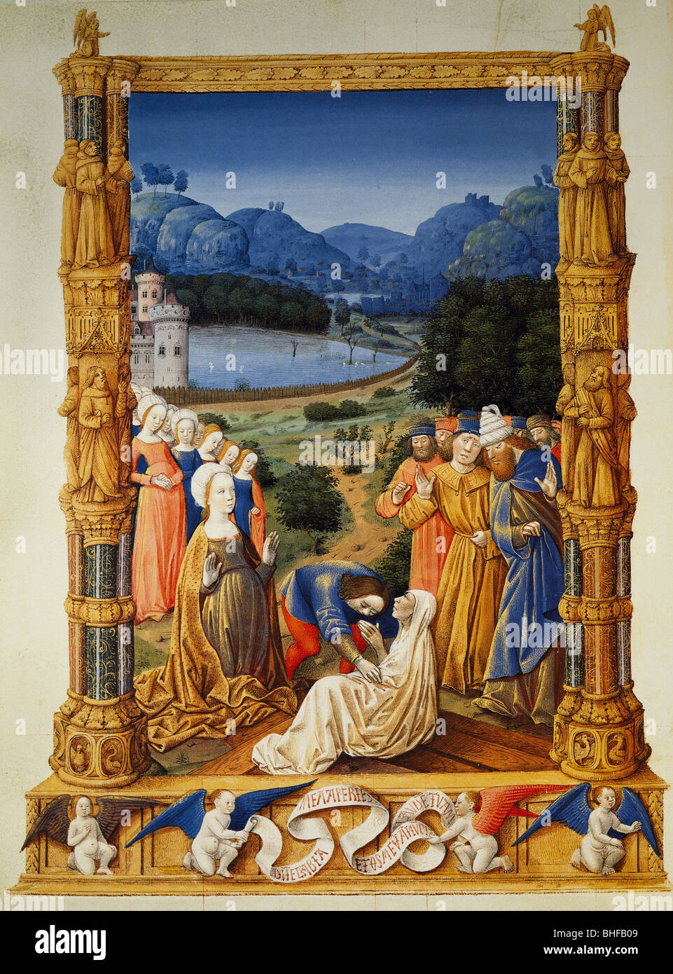 religion, christianity, books, book of hours of the Duke of Berry, 'Tres Riches Heures', 1410/1416, miniature by Jean of Limburg,  miracle of the True Cross, Musee Conde, Chantilly, , Stock Photo