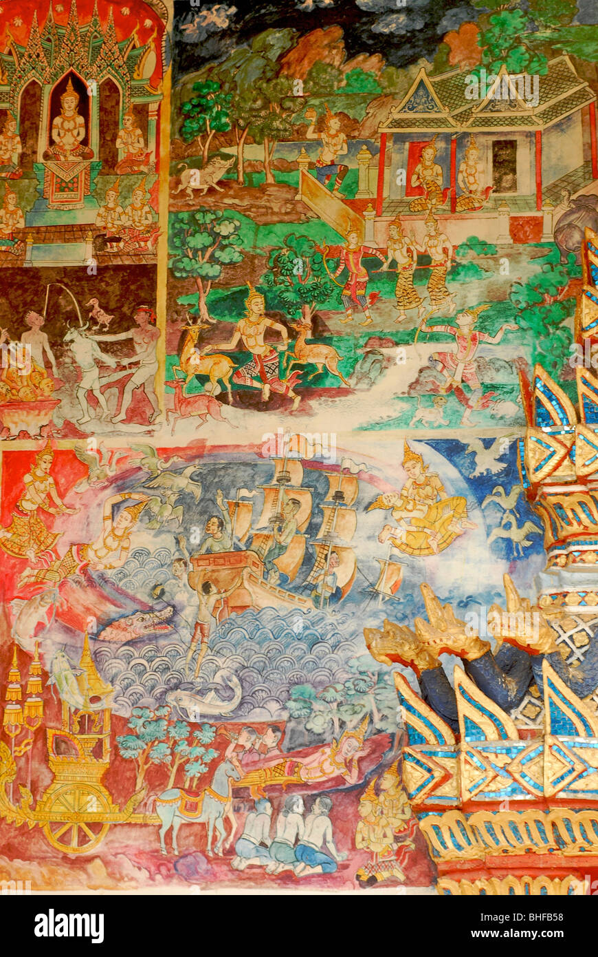 Buddhist wallpainting at the temple at Chiang Khan, Province Loei, Thailand, Asia Stock Photo