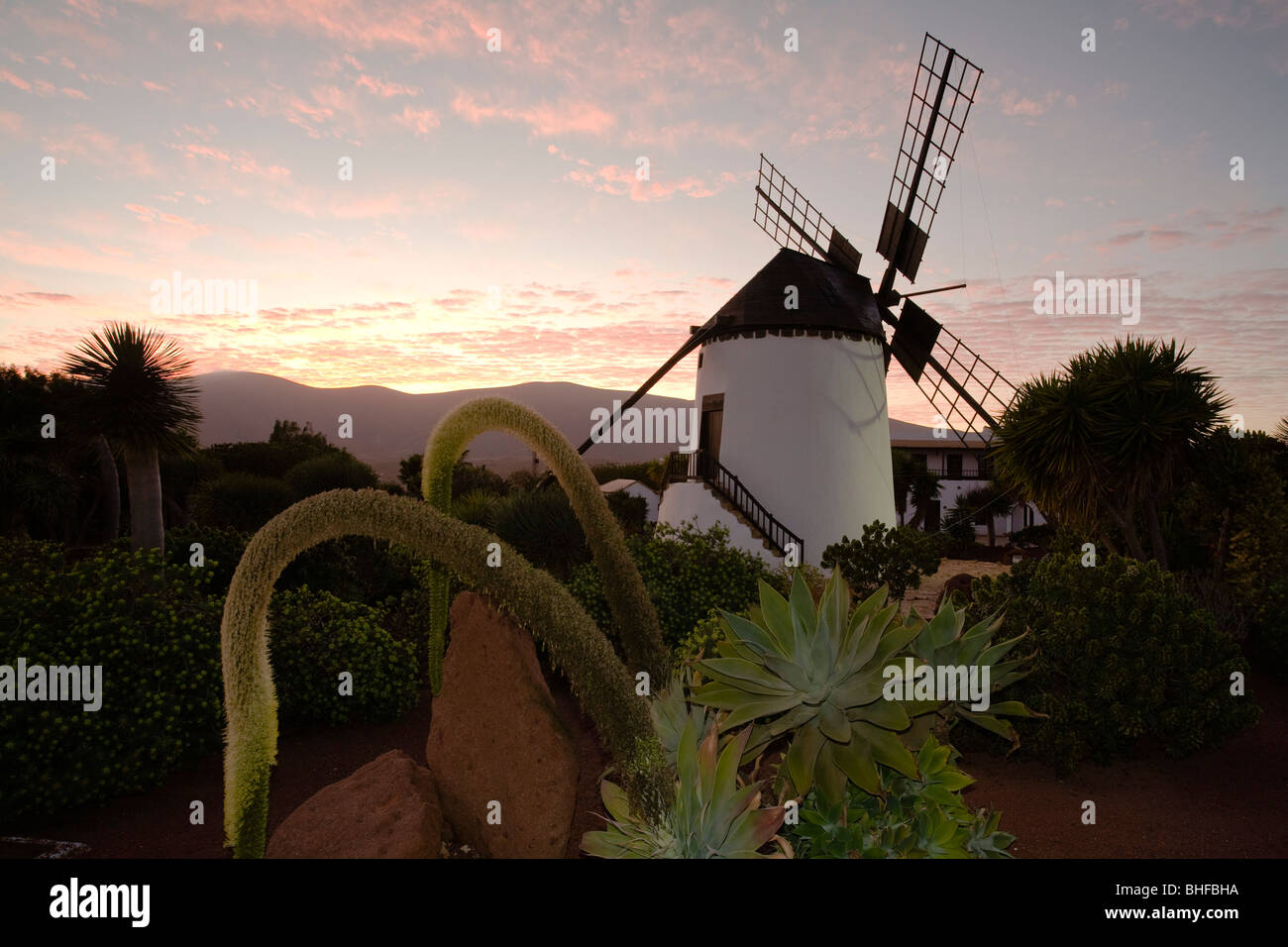The windmill Molino de Antigua at dusk, Antigua, Fuerteventura, Canary Islands, Spain, Europe Stock Photo