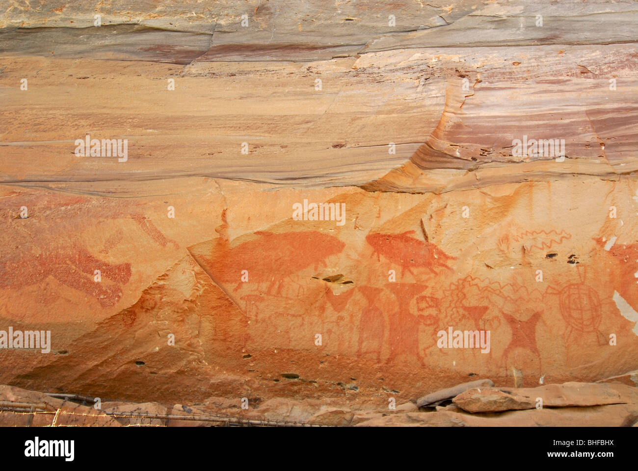 Prehistorical rock paintings at the rock cliff Pha Taem am Mekong, Province Ubon Ratchathani, Thailand, Asia Stock Photo