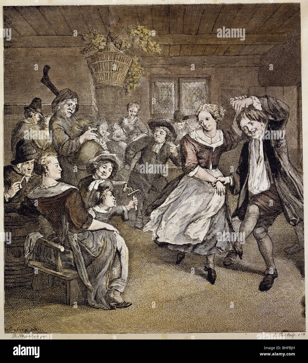 dance, fun fair dance in a tavern, copper engraving by J. Philippe le Bas after painting by Richard Brackenburg, 18th century, private collection, people, party, festivity, historic, historical, Artist's Copyright has not to be cleared Stock Photo